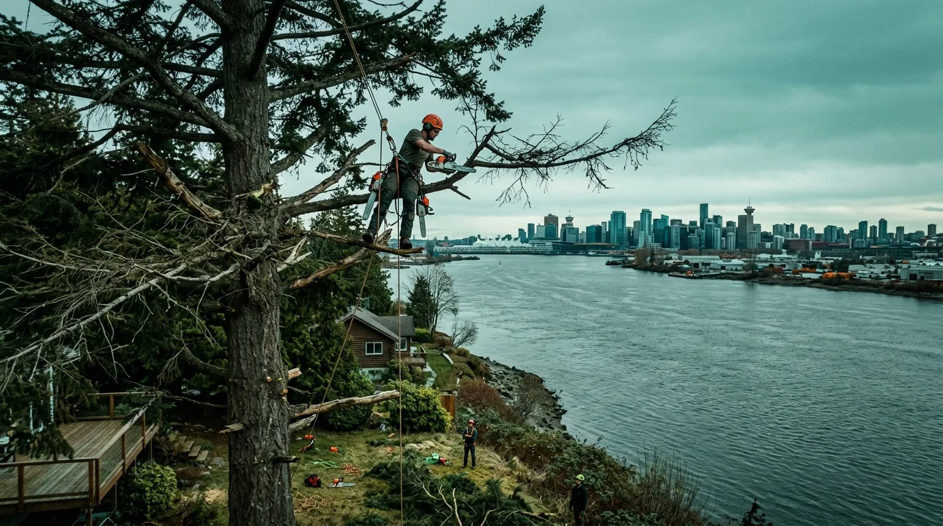 Arborist deadwooding a tree on a Detroit River waterfront property