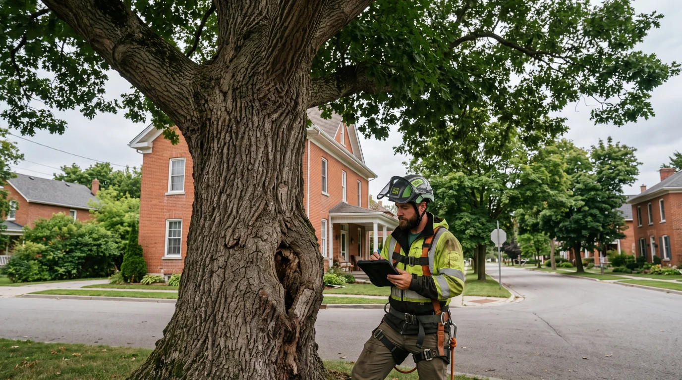 Heritage oak shading a historic brick house in old Amherstburg