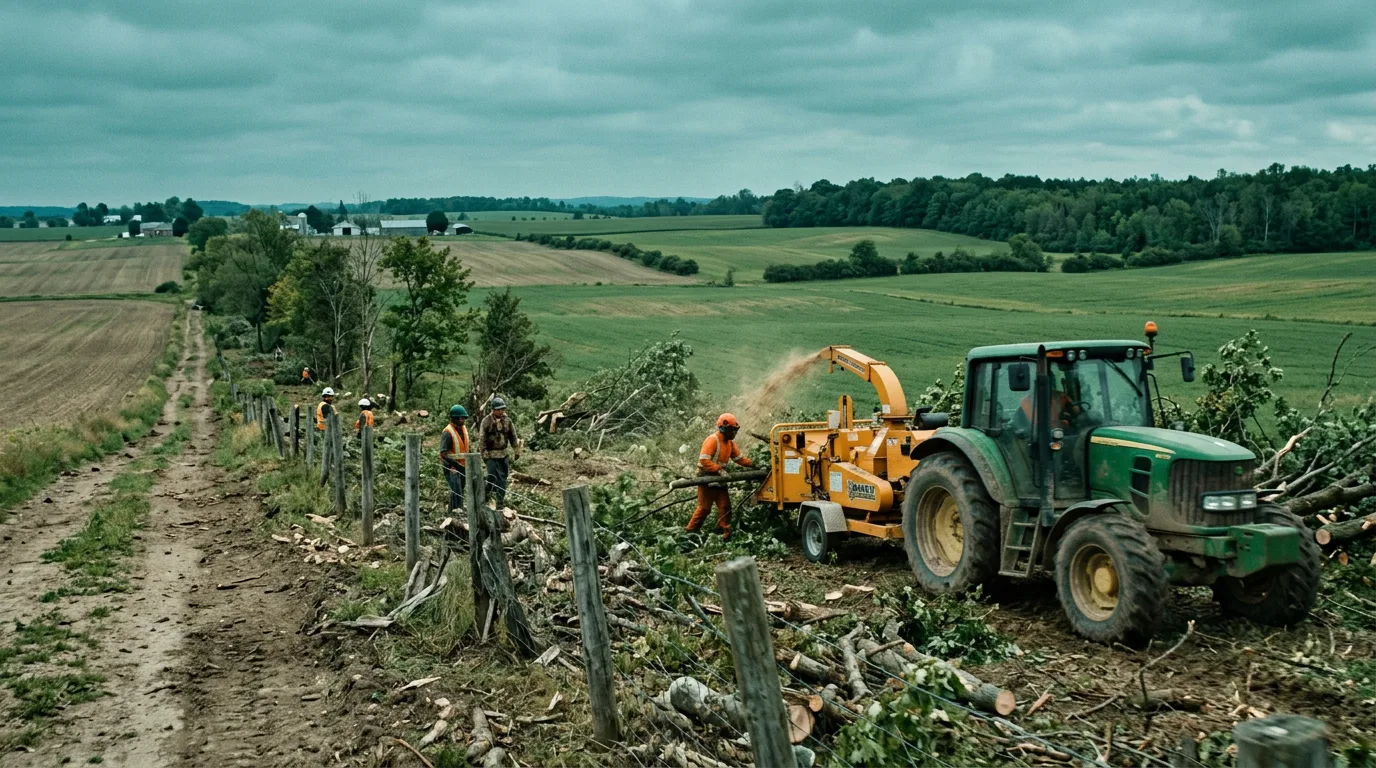 Rural fence line tree row being cleared with tractor and chipper near Amherstburg