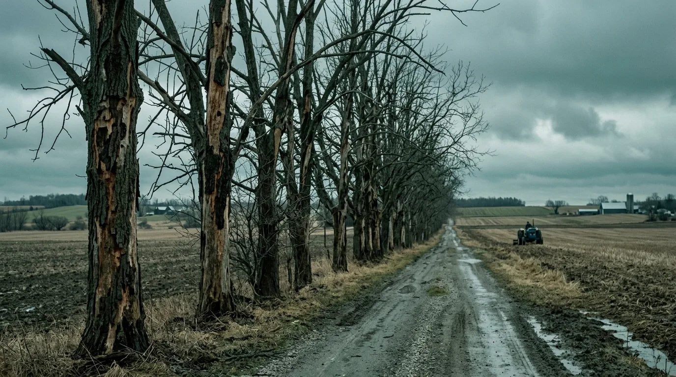 Row of dead EAB-killed ash trees along a farm laneway near Essex Ontario