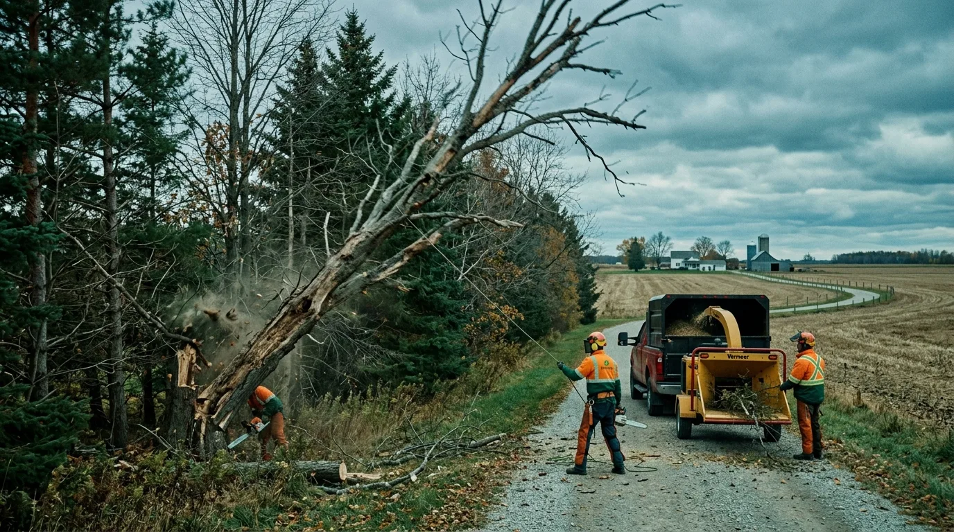 Crew felling a dead tree in a farm windbreak row near Essex