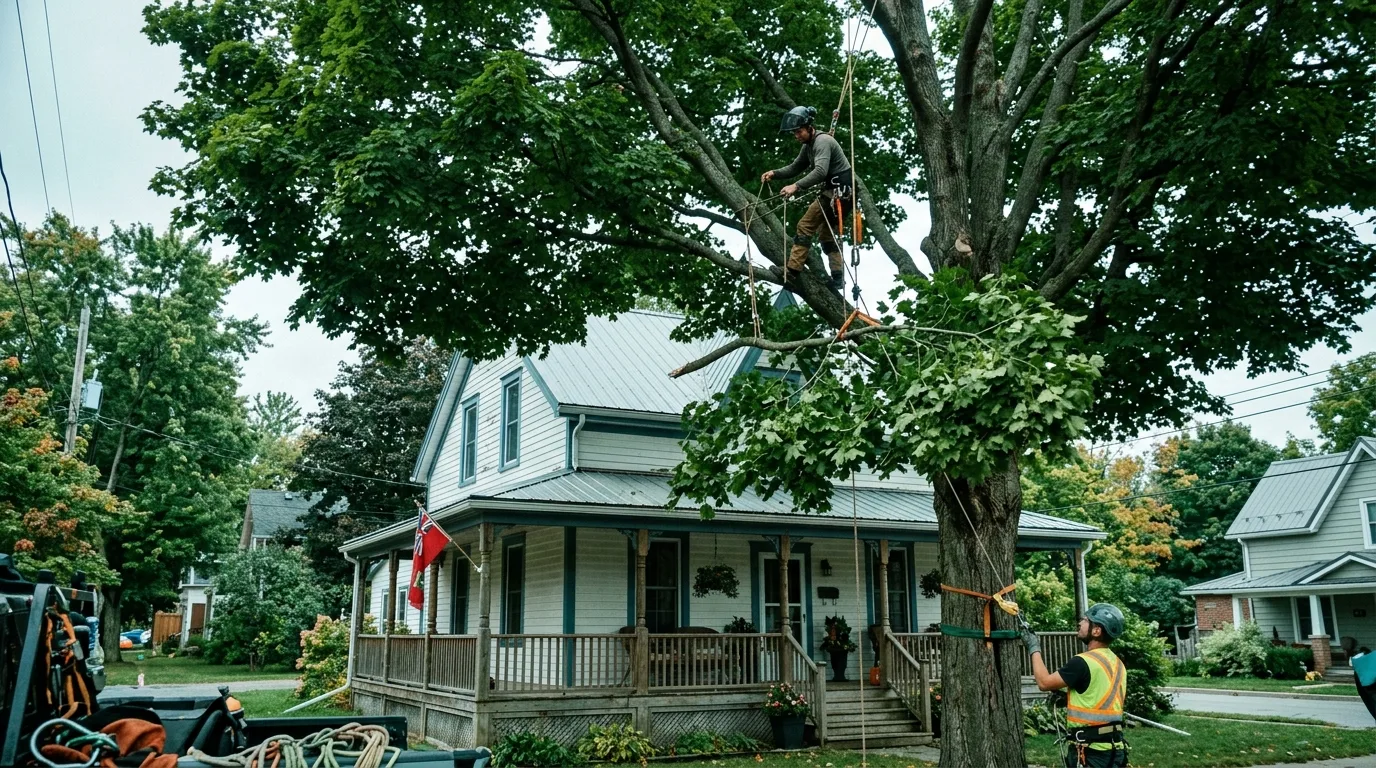 Arborist rigging a large yard maple over a Harrow home with a porch