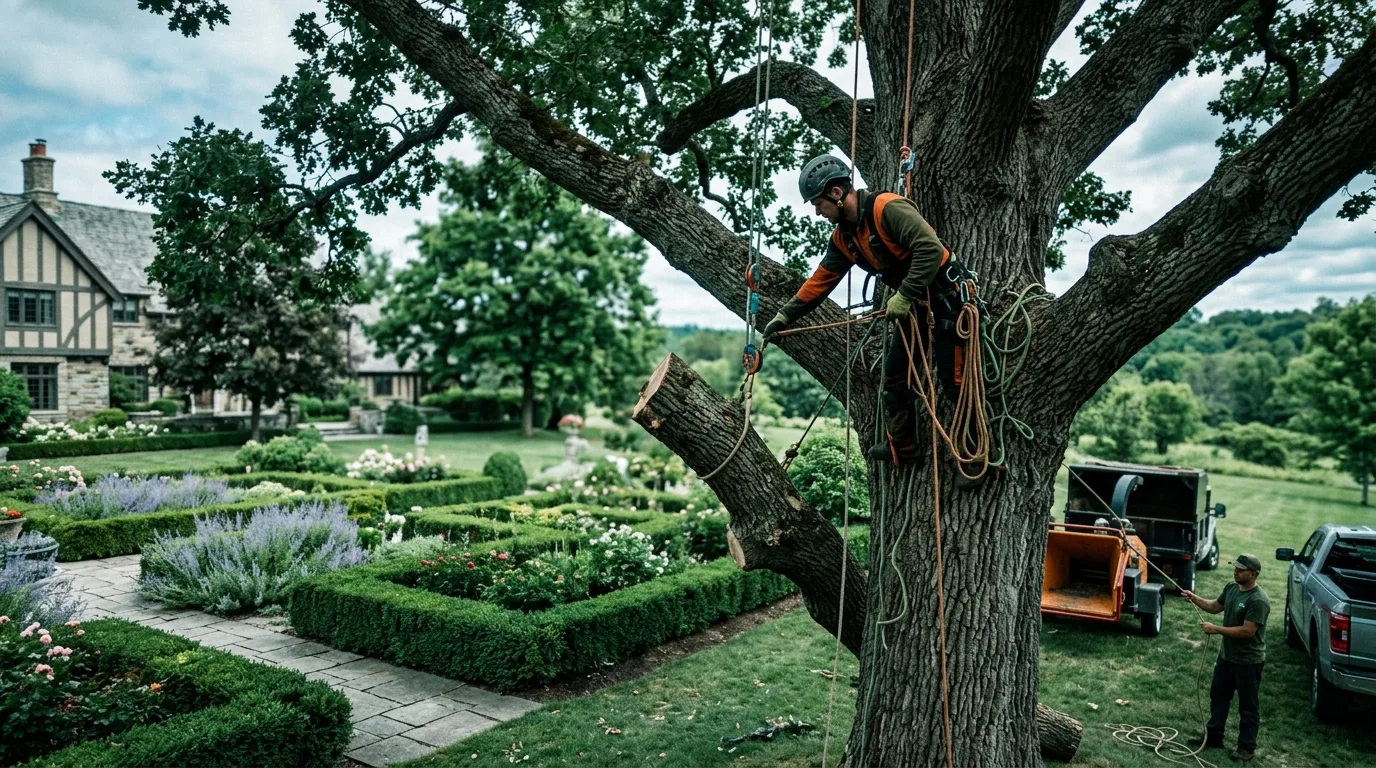 Climber rigging down sections of a large estate oak beside gardens in Kingsville
