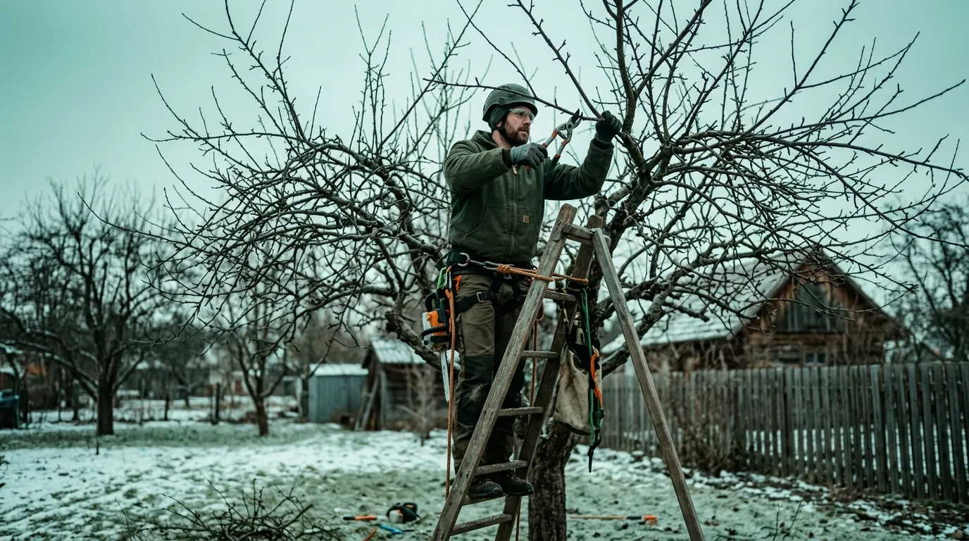 Arborist pruning a backyard apple tree in late winter in Kingsville