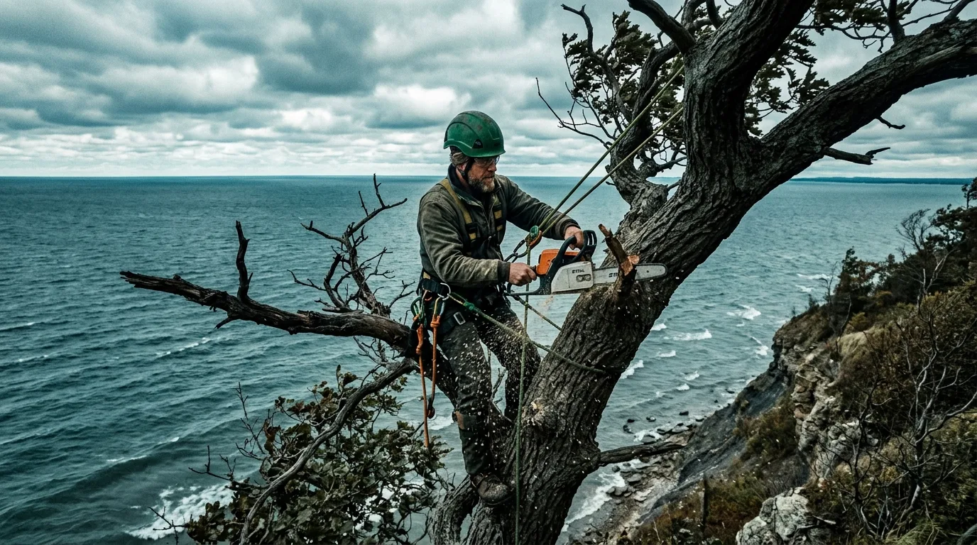 Arborist deadwooding a windswept tree above Lake Erie in Kingsville
