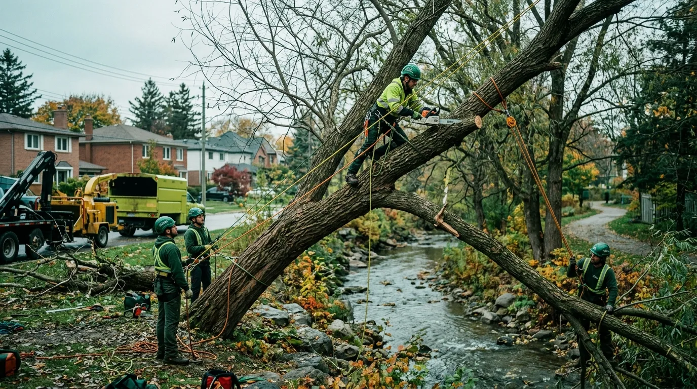 Tree crew removing a leaning willow beside Turkey Creek in LaSalle