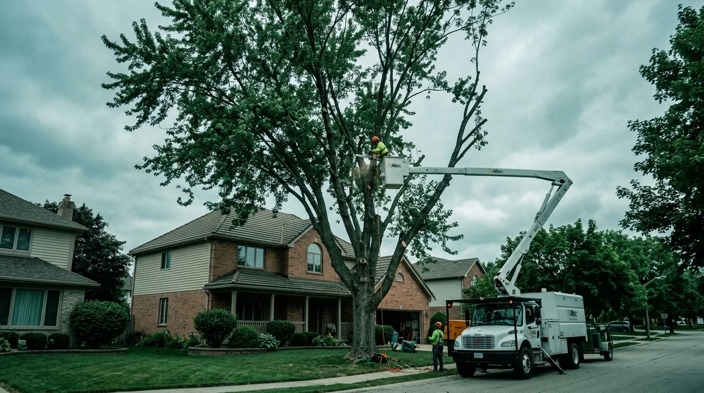 Crown reduction on an oversized silver maple over a LaSalle subdivision home