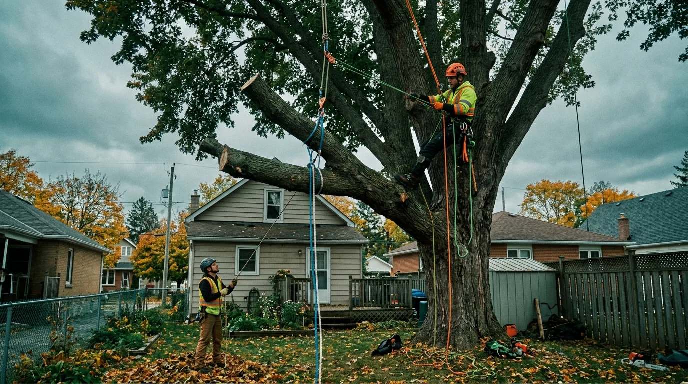 Tree crew rigging down a large tree over a Leamington backyard