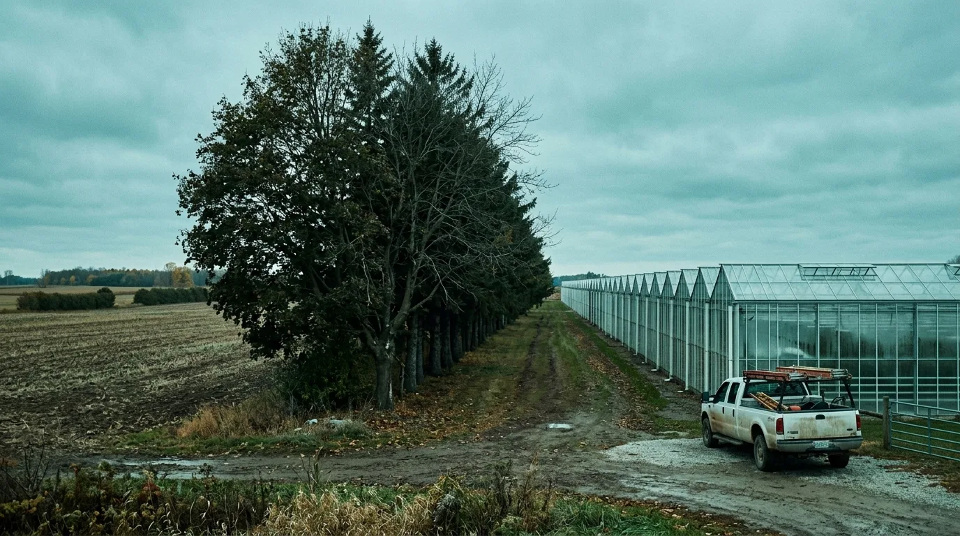 Windbreak tree row beside greenhouses in Leamington