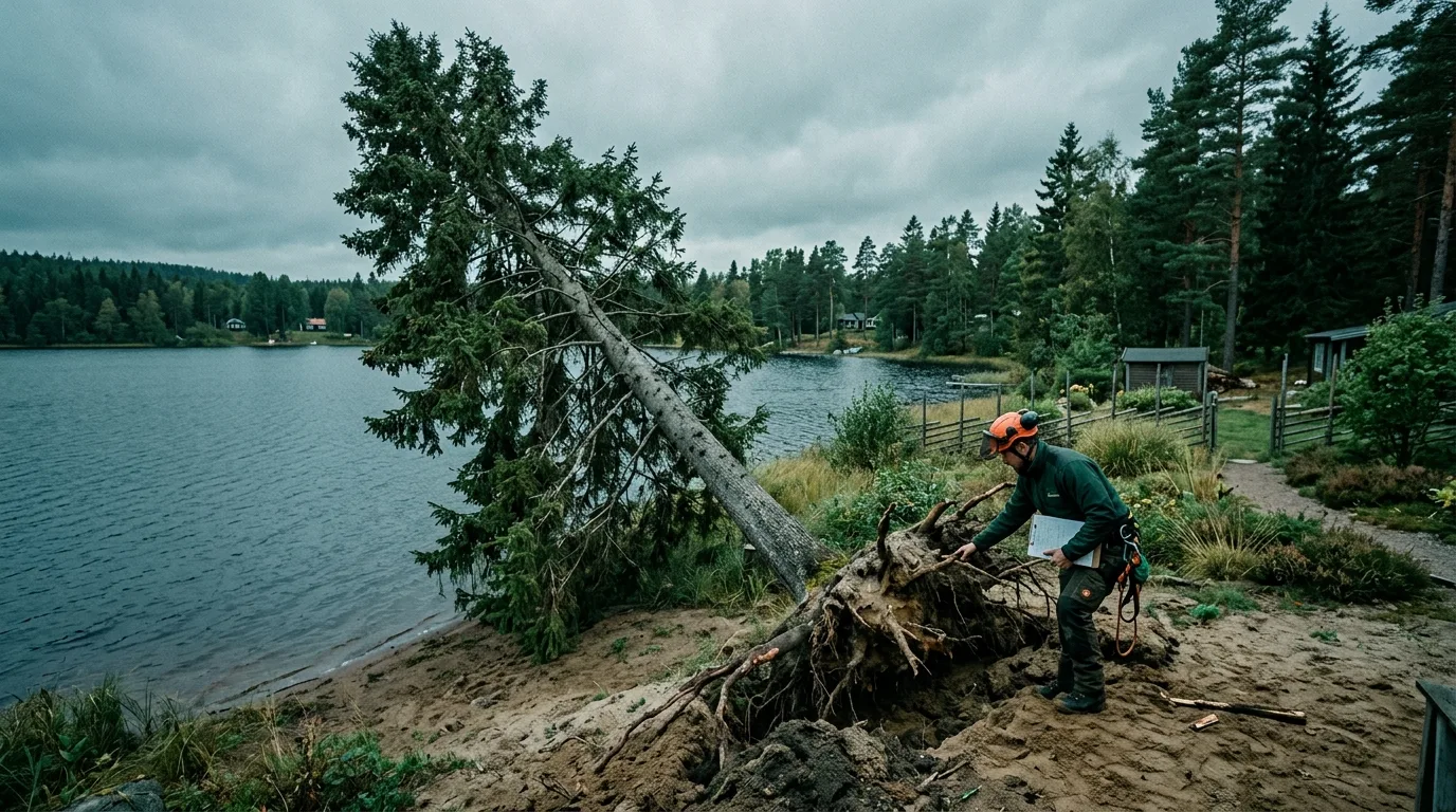 Leaning spruce with exposed roots in sandy soil near Seacliff