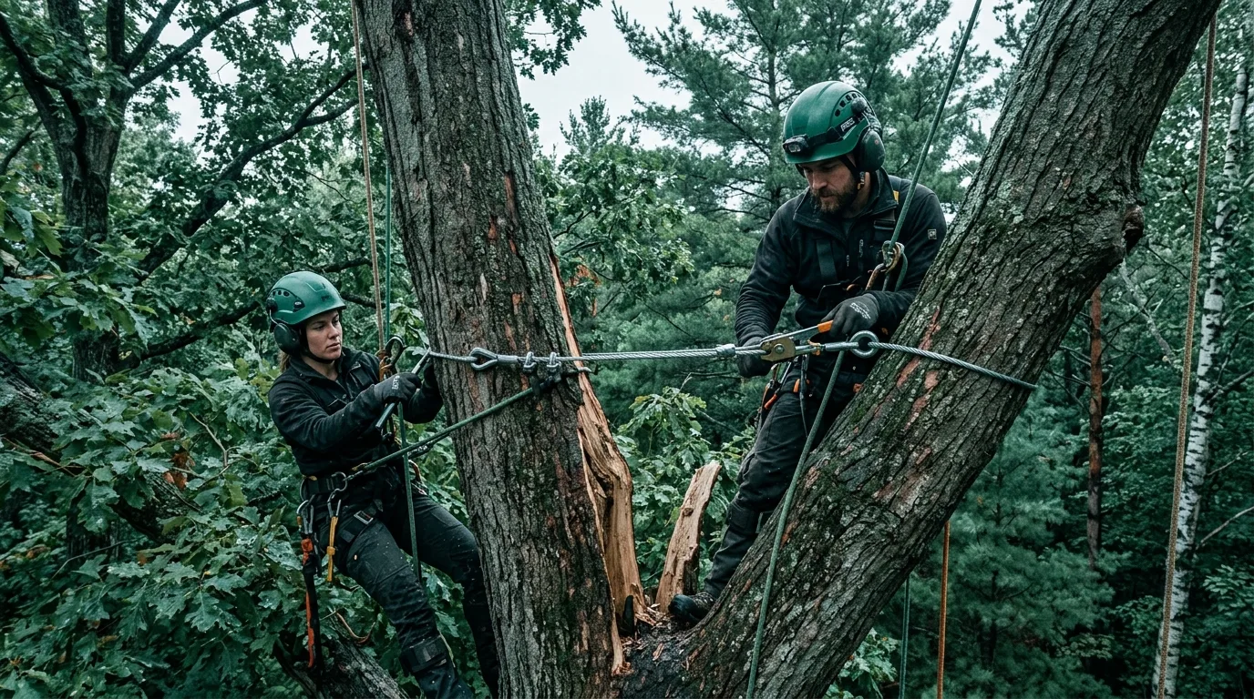 Arborists installing a support cable in a storm-split maple