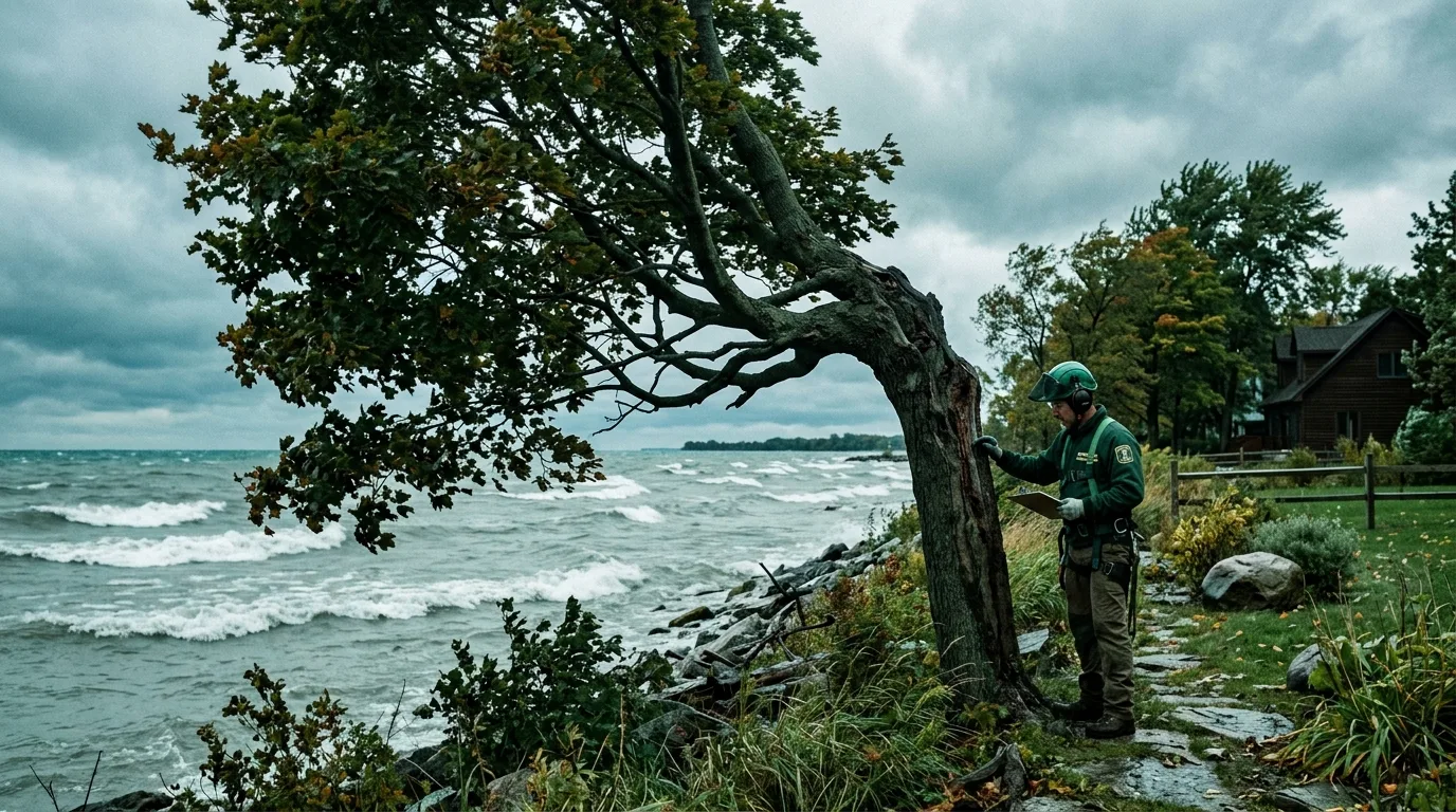 Arborist assessing a wind-bent maple on a Lake St. Clair waterfront property
