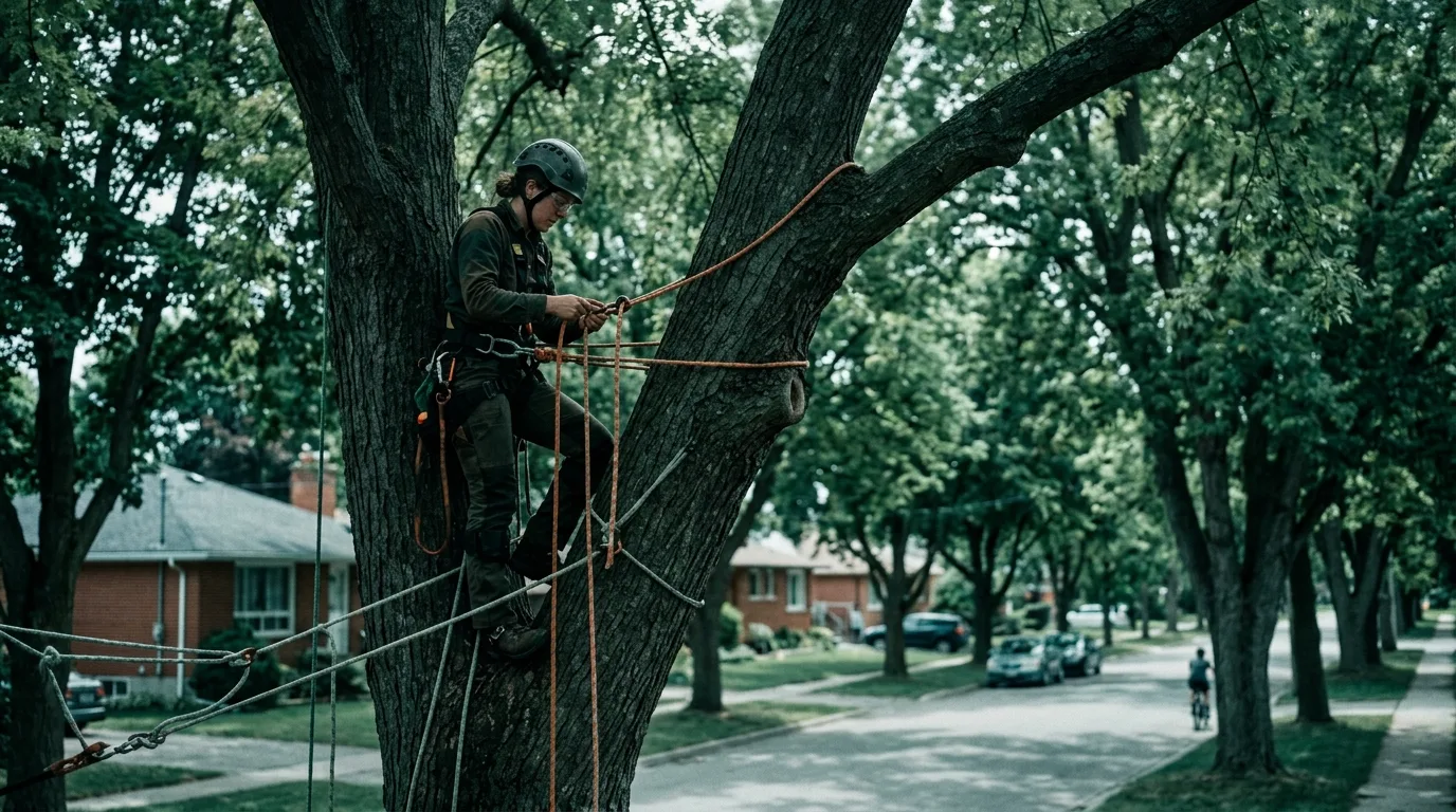 Climber pruning a 70-year-old street maple in Old Tecumseh