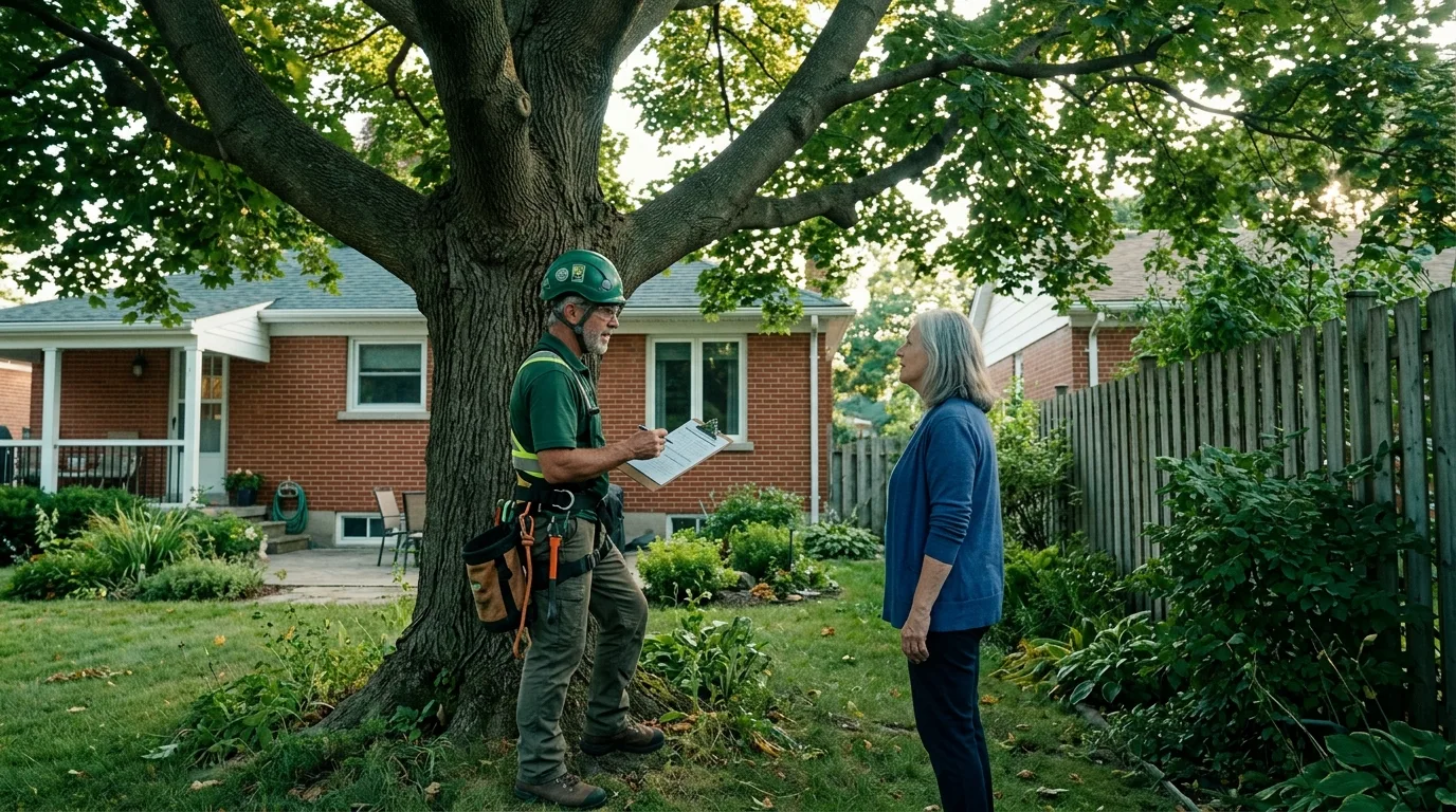 Arborist talking with a homeowner beside a mature maple in a Windsor backyard