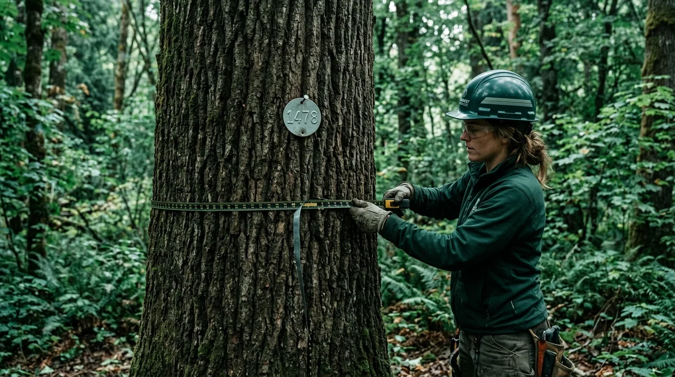 Arborist measuring tree trunk diameter with a tape for a tree inventory