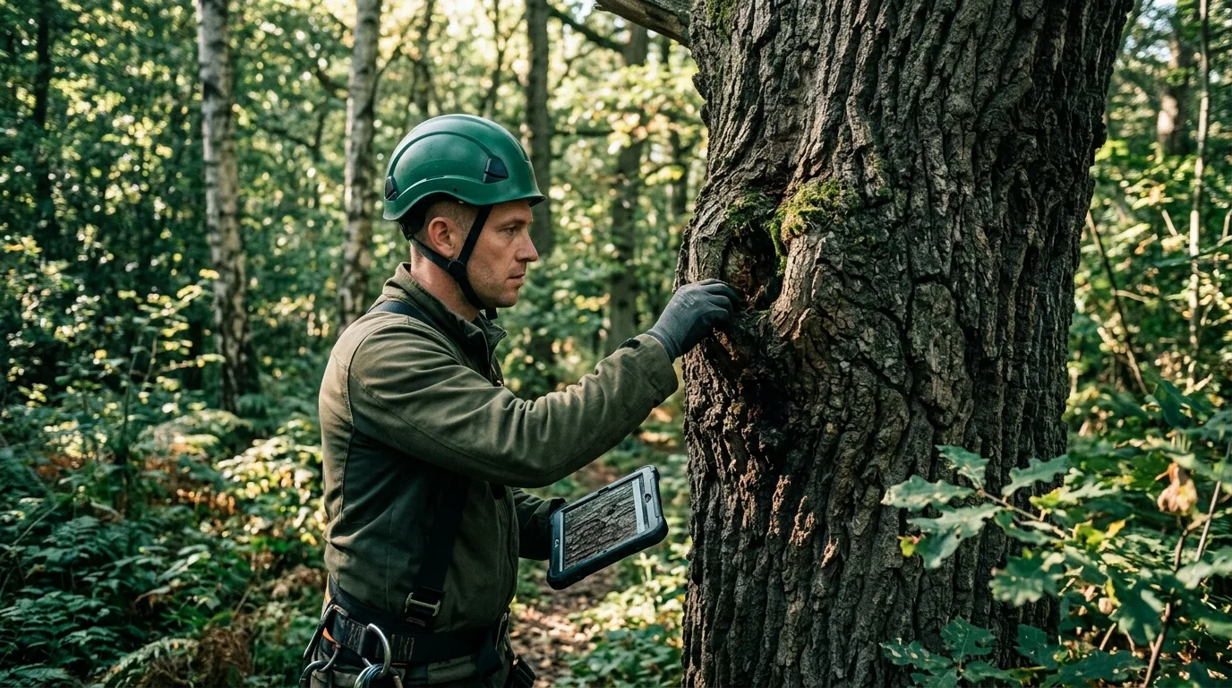 Certified arborist inspecting an oak trunk cavity during a tree risk assessment