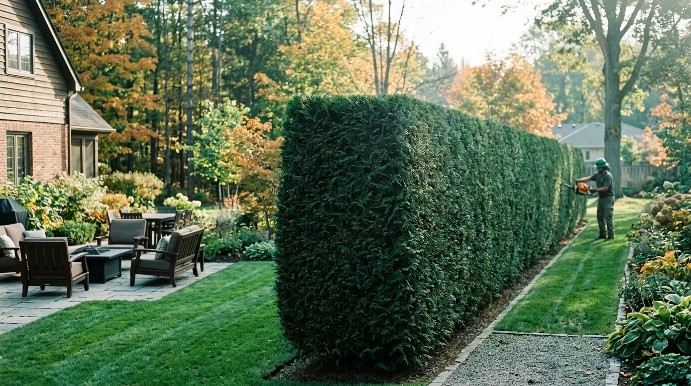 Freshly trimmed cedar hedge with a straight top in a Windsor backyard