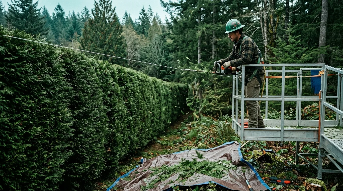 Worker trimming a tall cedar hedge top to a string line