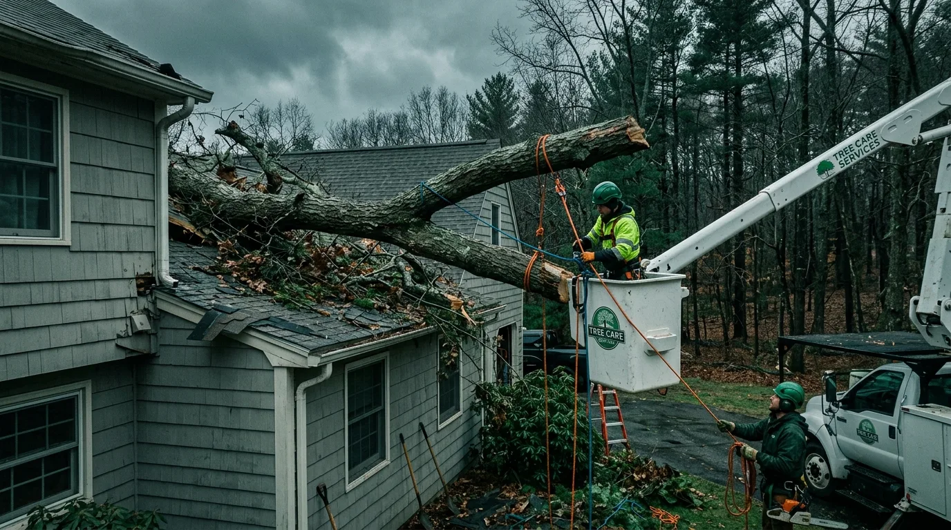 Tree crew rigging a fallen limb off a house roof after a storm