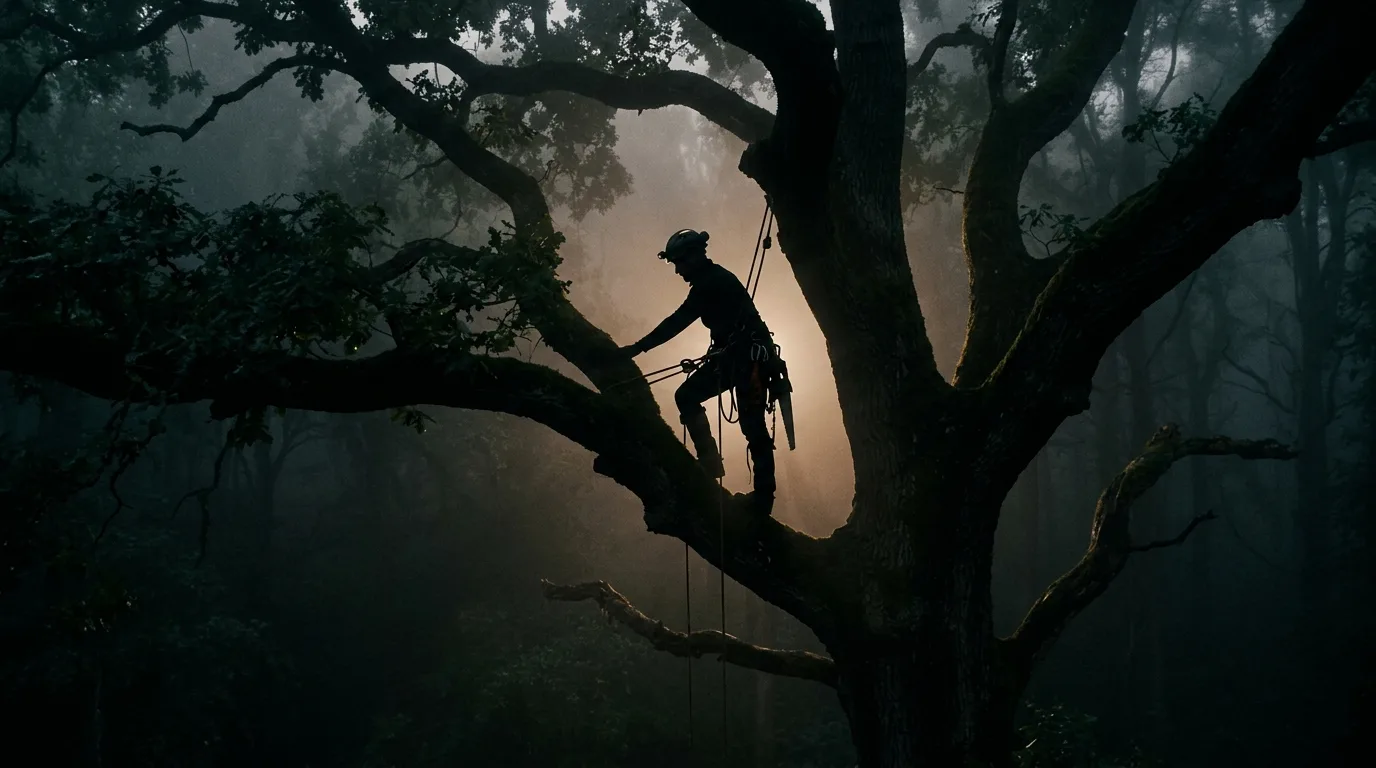 Tree Removal Windsor arborist working a storm-damaged tree at dusk