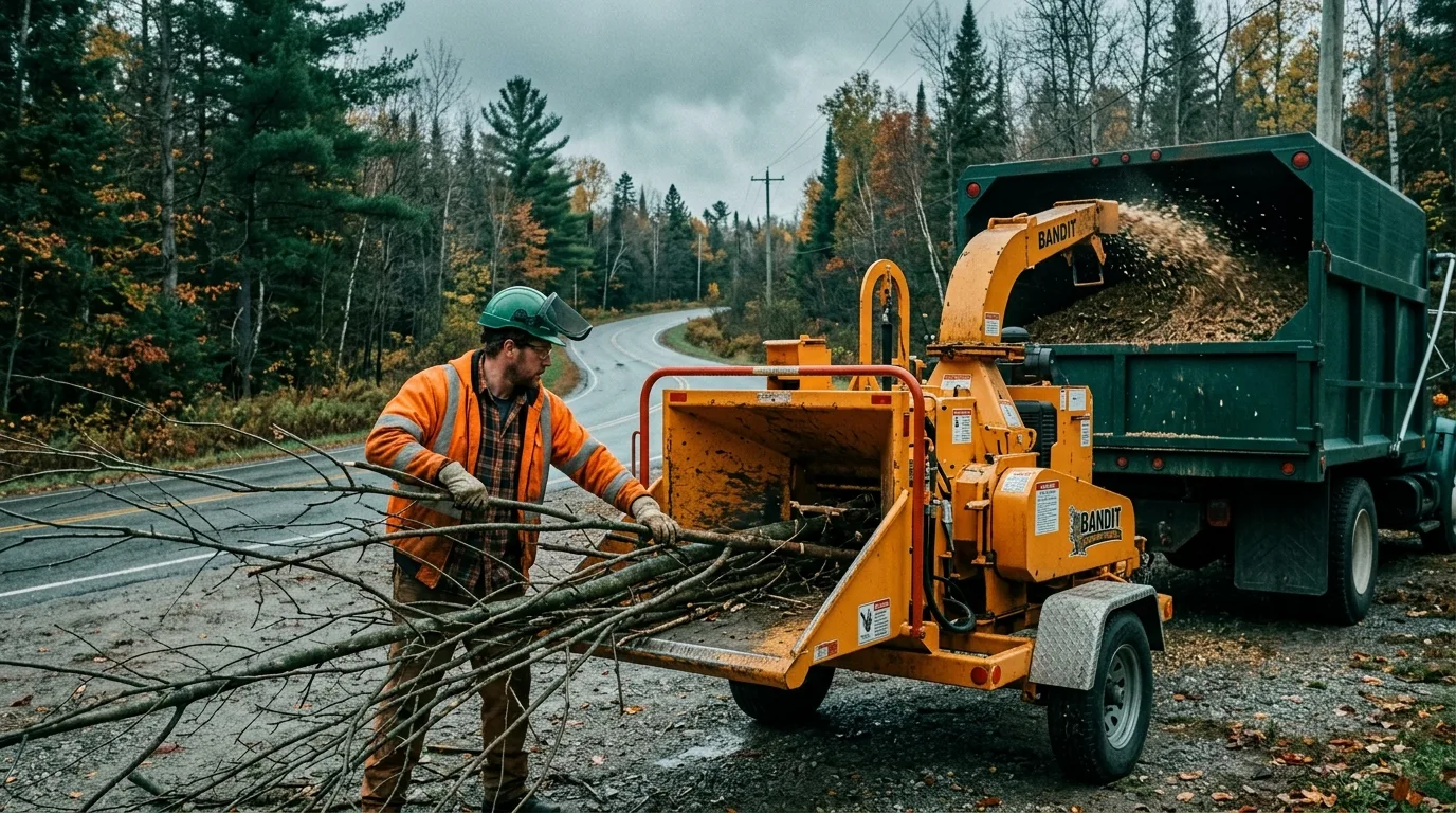 Crew feeding branches into a wood chipper during lot clearing
