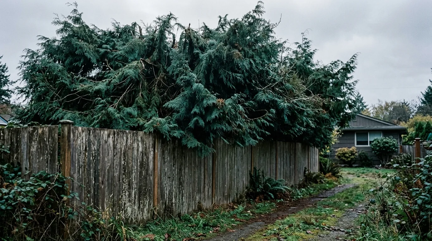 Overgrown cedar hedge towering over a residential fence before trimming