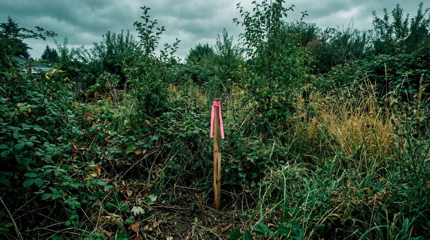 Overgrown vacant lot with brush and surveyor stake before clearing