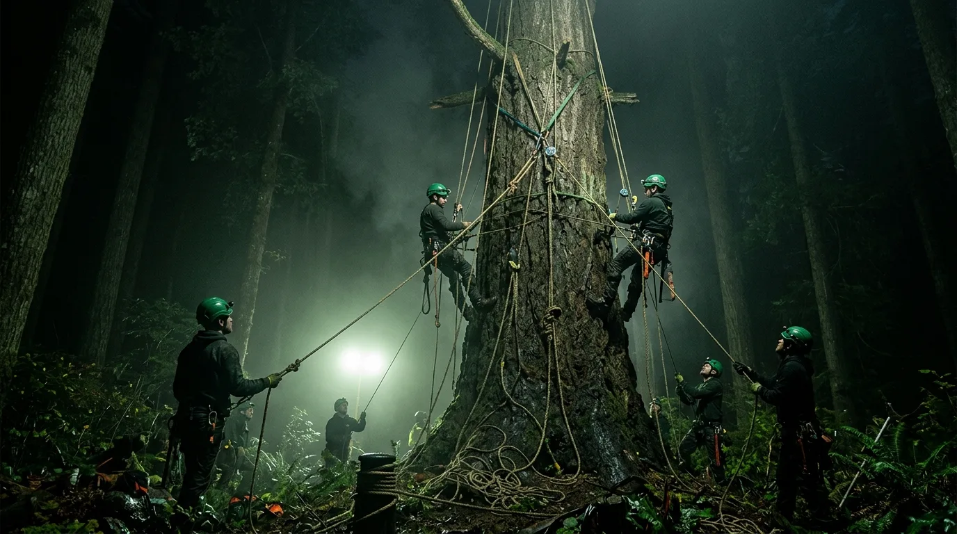 Crew removing a storm-damaged tree under floodlights at night