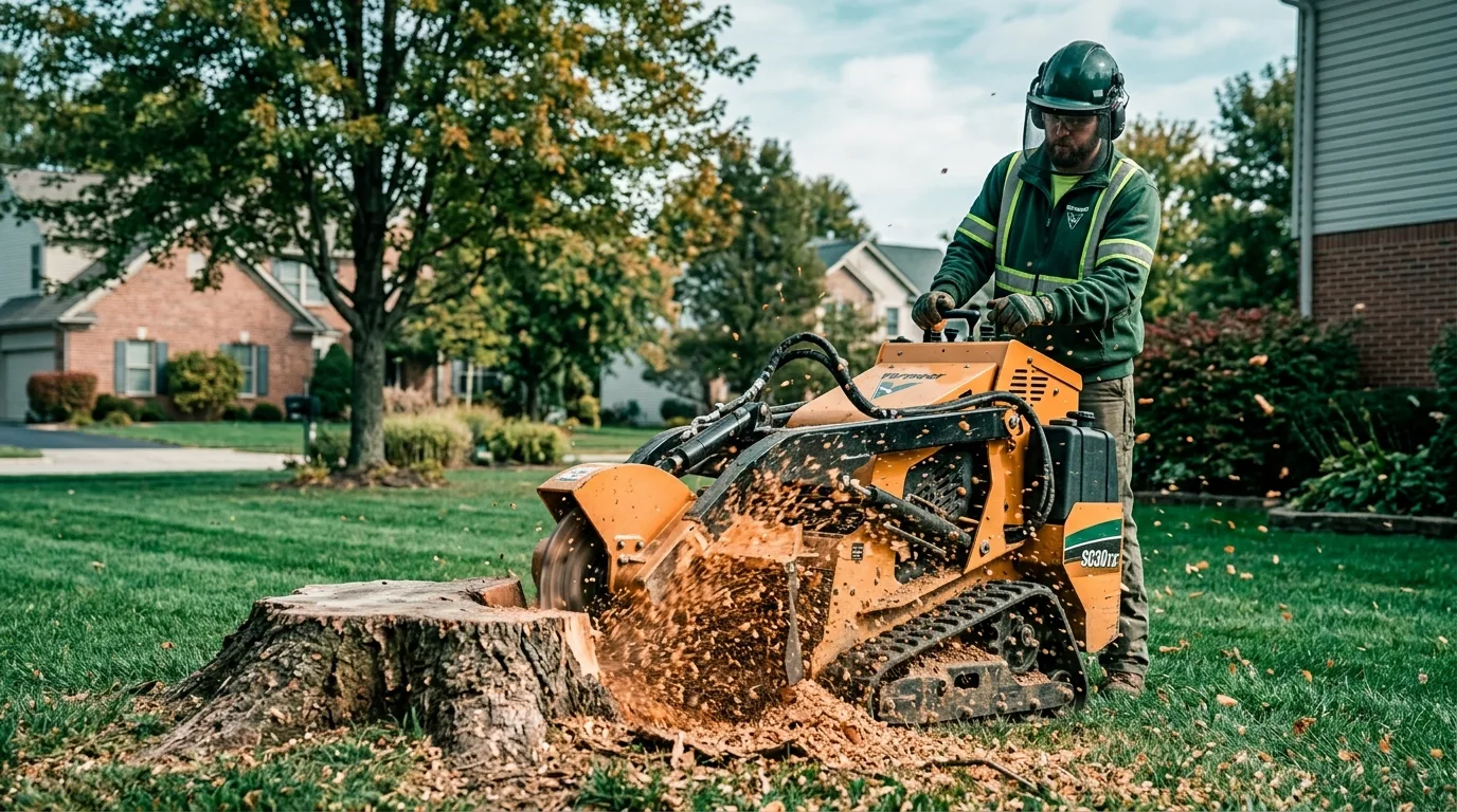 Stump grinder grinding a tree stump below grade on a Windsor lawn