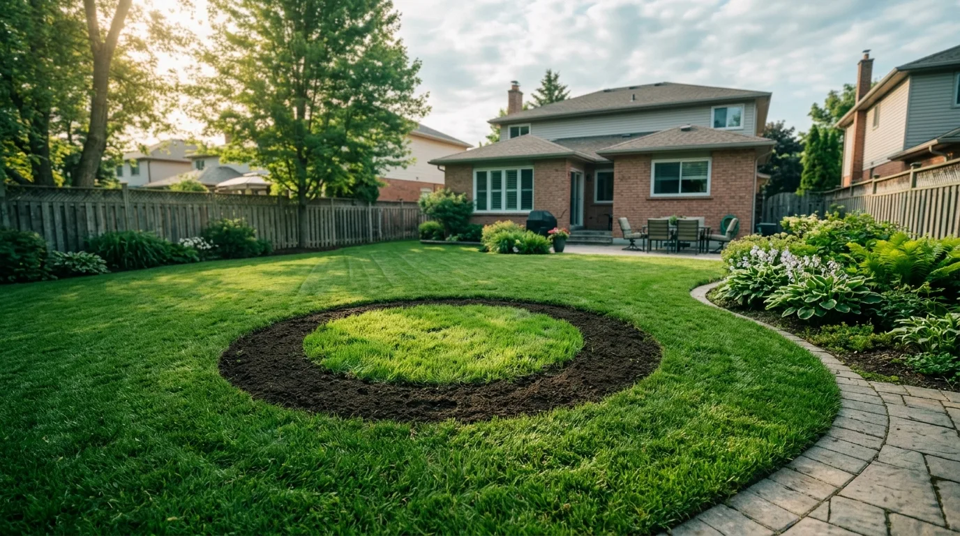 Repaired lawn with new grass where a tree stump was removed