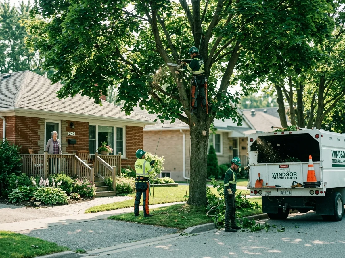 Tree Removal Windsor crew working on a maple in a residential front yard