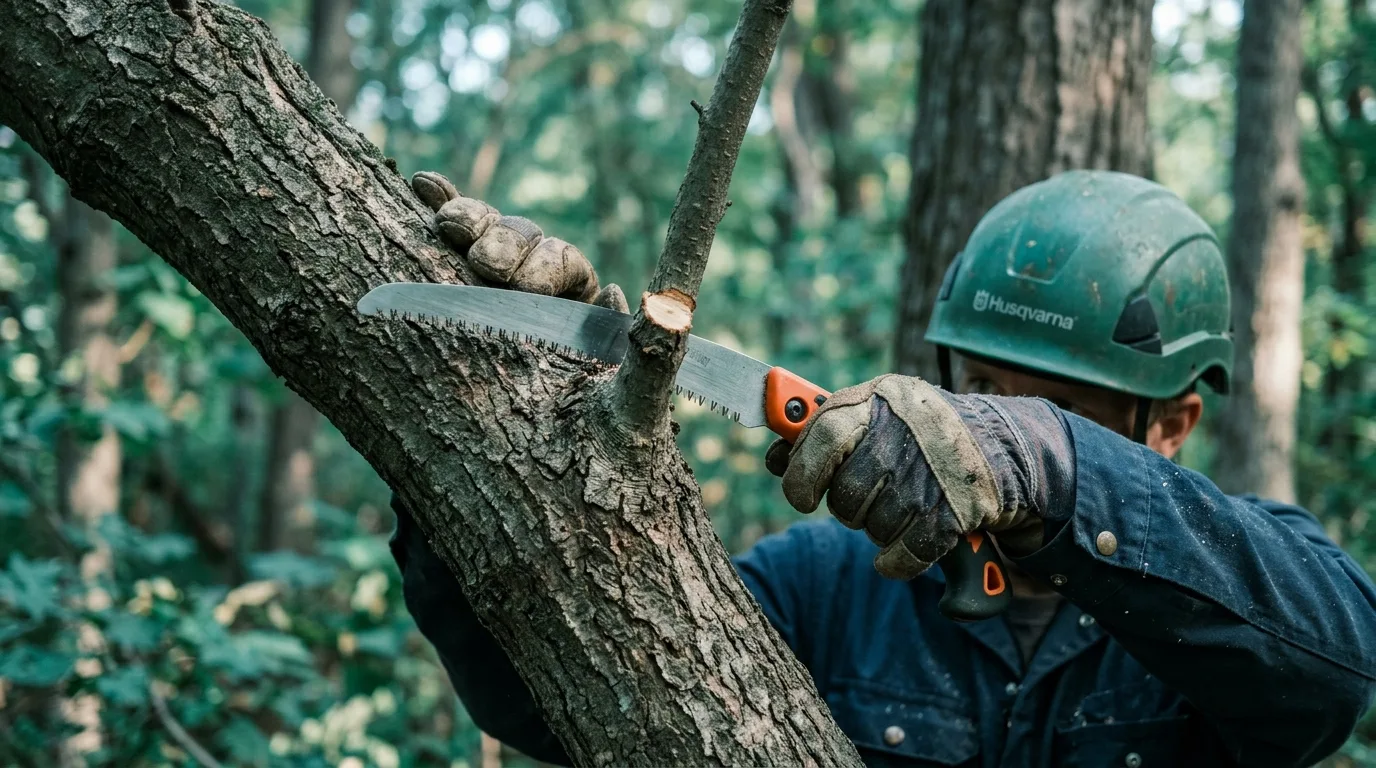 Arborist making a pruning cut at the branch collar of a maple limb