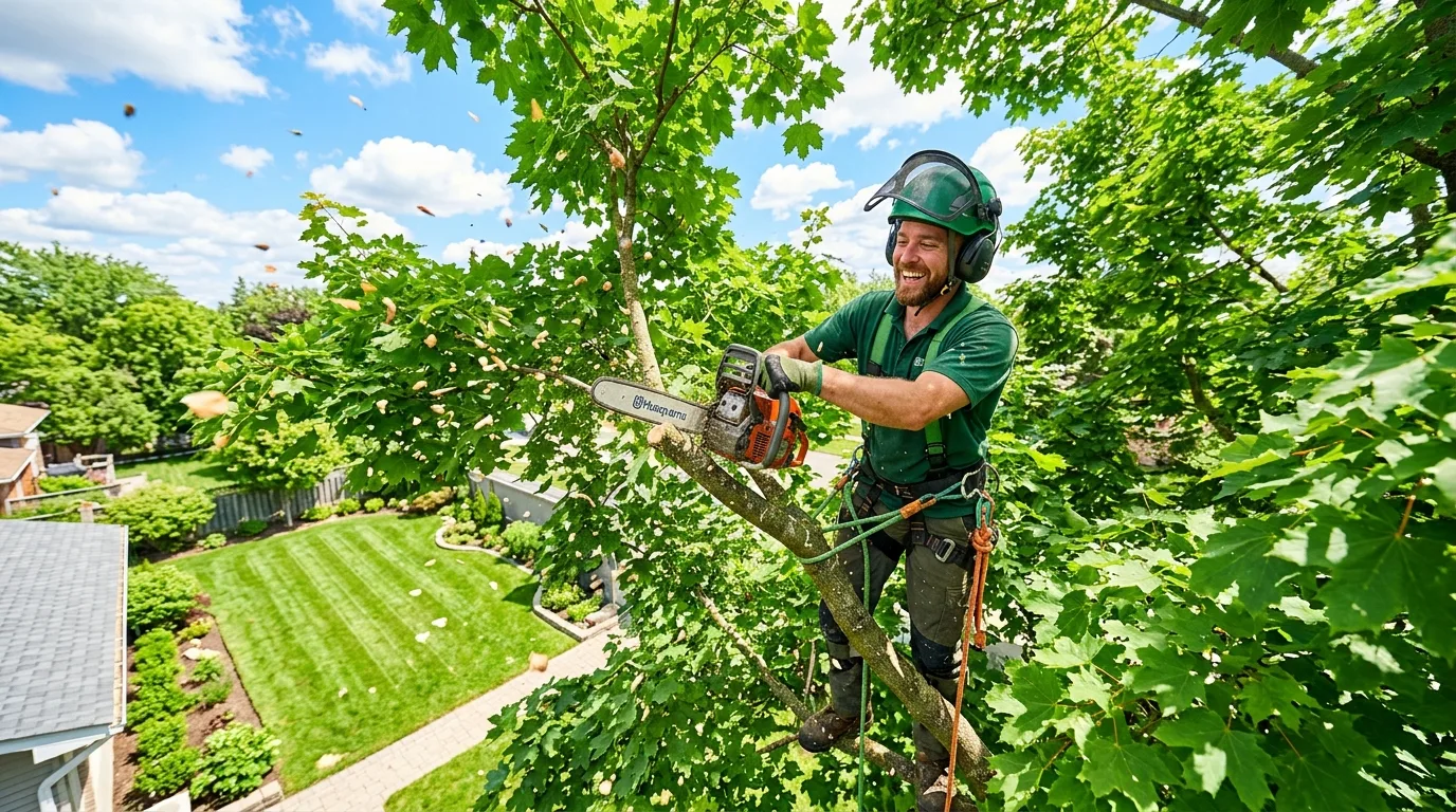 Arborist trimming a mature maple tree in Windsor