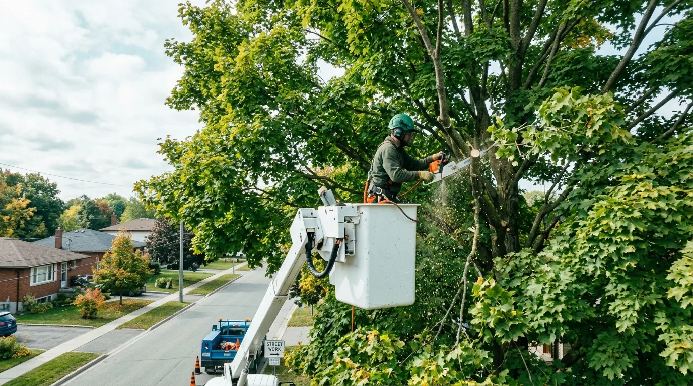 Arborist thinning a maple crown from a bucket truck in Windsor